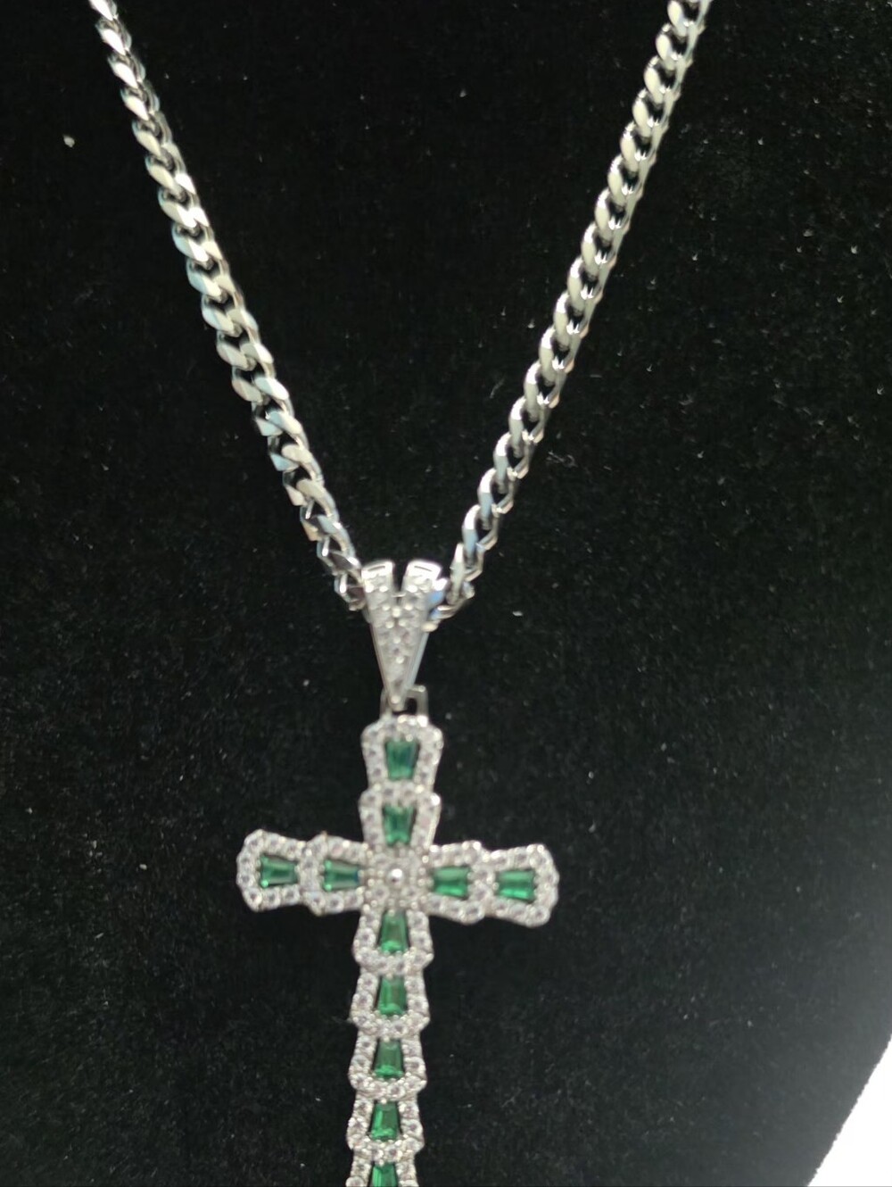 22” Stainless Steel Green Baguette Cross Cuban Link Necklace